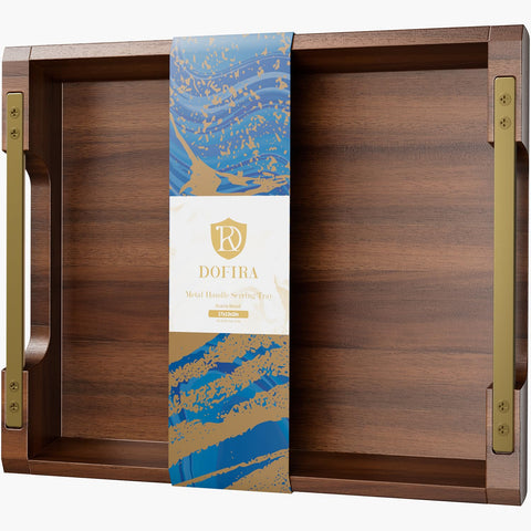 Dofira acacia wood tray with metal handles for stylish dining room serving.