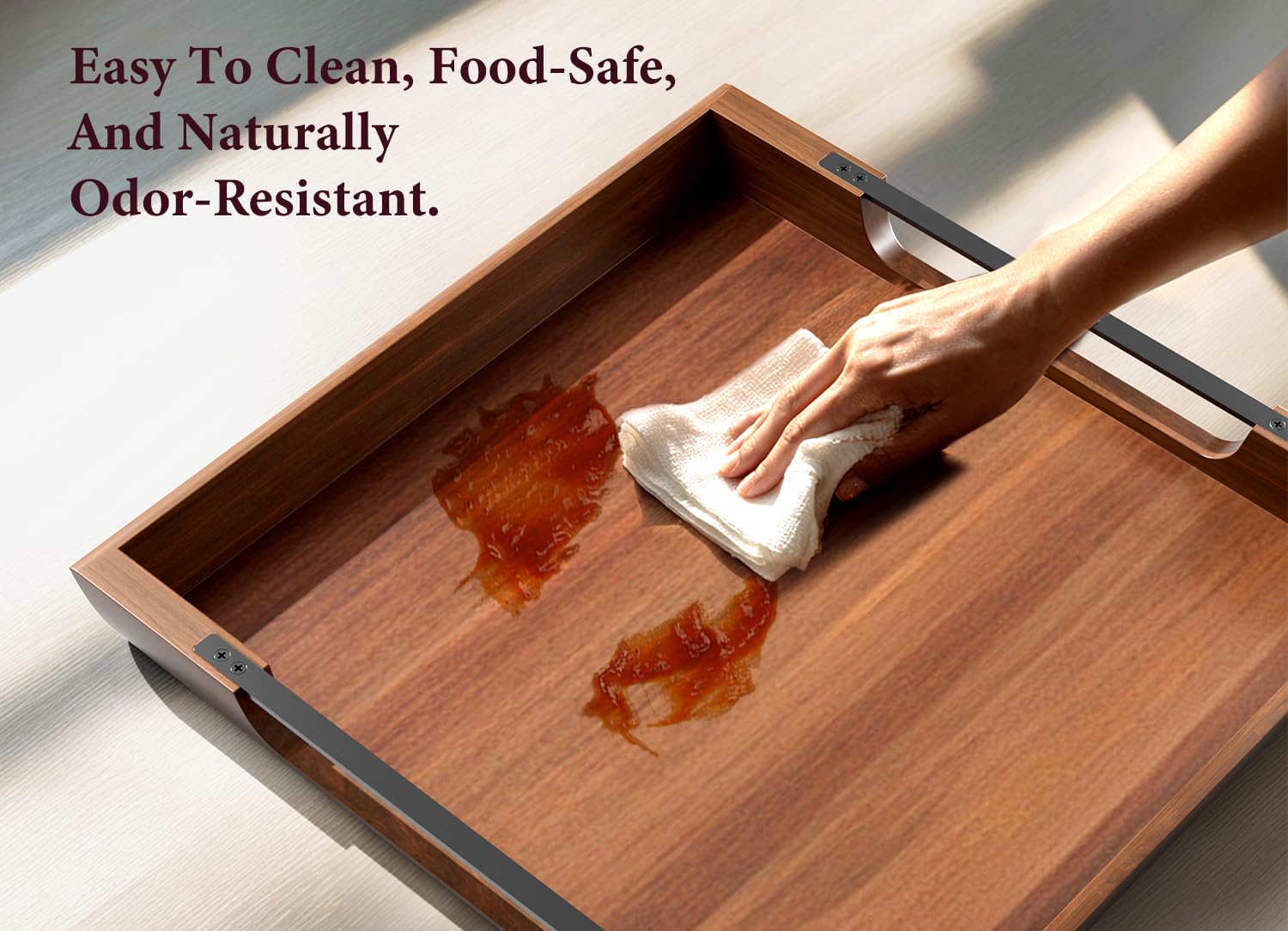 Dofira acacia tray coating helps resist stains for easy care