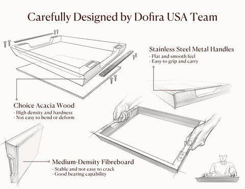 Dofira Acacia tray highlights raised edges and wide handles for easy serving