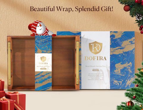 Dofira serving tray with wide handles on a coffee table for easy carrying.