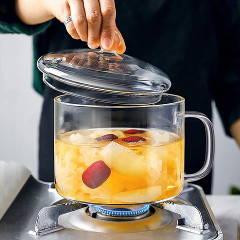 DOITOOL clear glass simmer pot on stovetop for easy noodle monitoring.