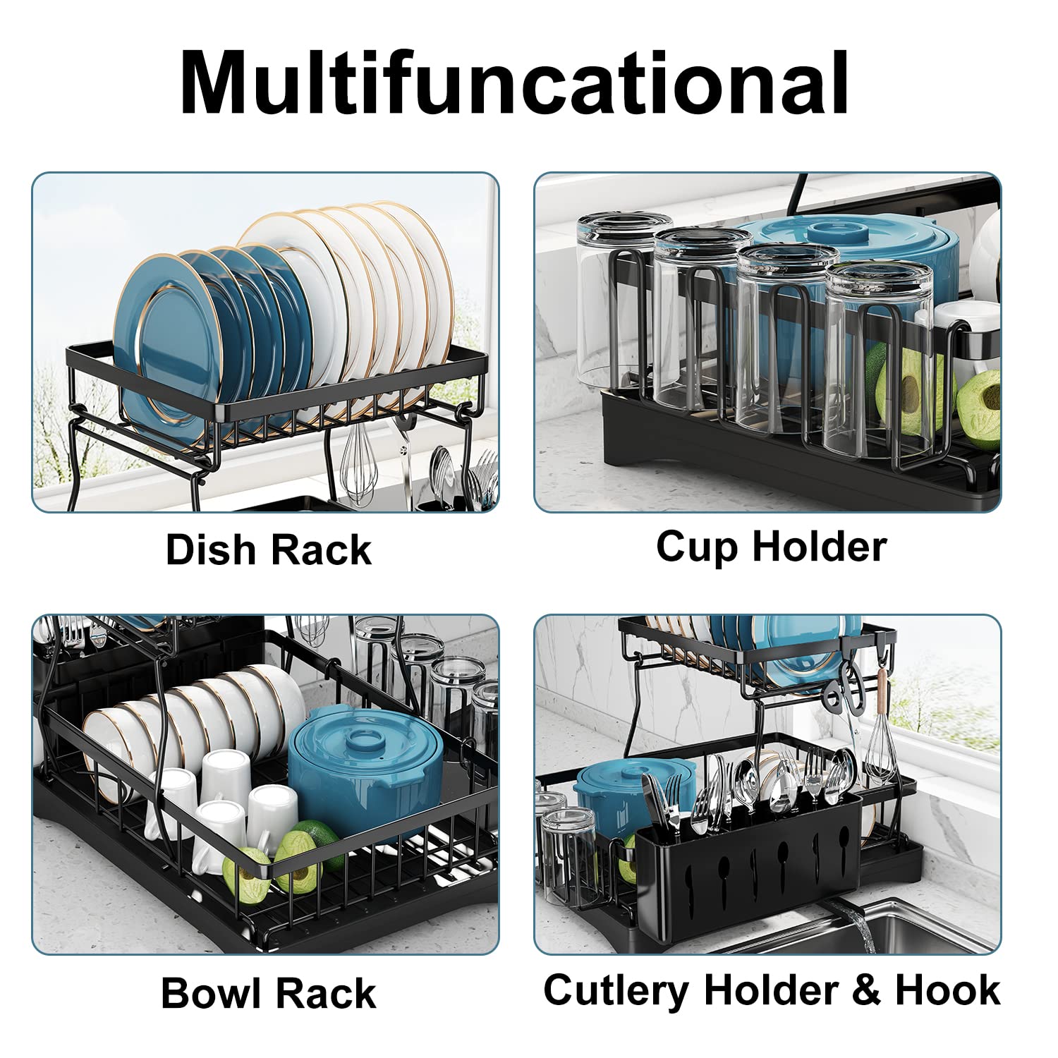 Doitsf 18.9 by 12.2 inch rack supports plates, bowls, and cups.