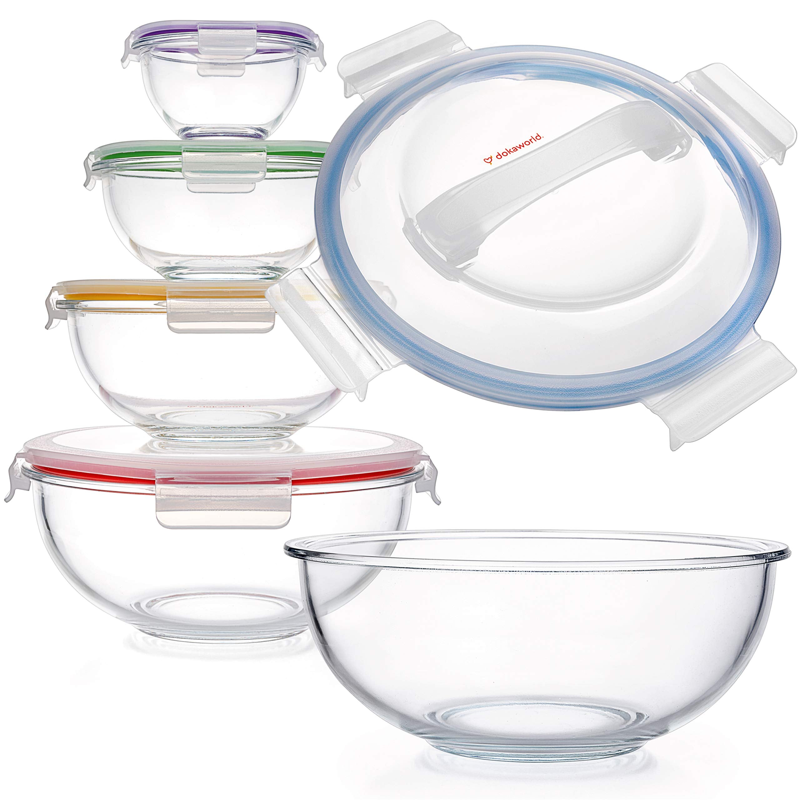 dokaworld 5-piece nesting glass bowls stack neatly for quick meal prep and storage.