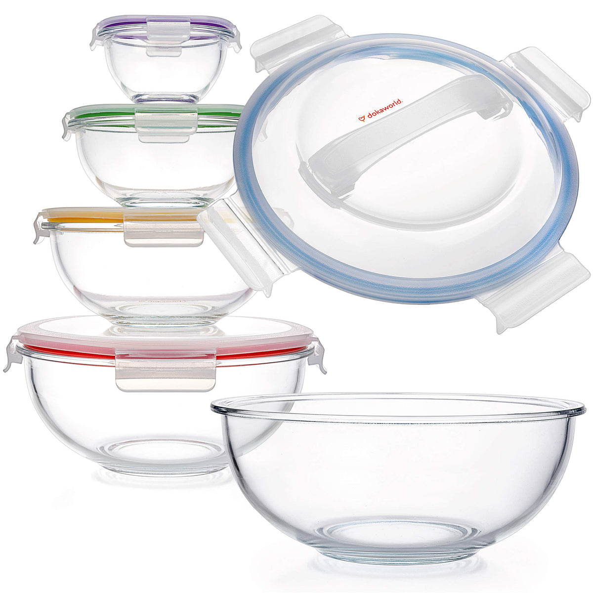 dokaworld 5-piece nesting glass bowls stack neatly for quick meal prep and storage.