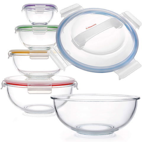 dokaworld 5-piece nesting glass bowls stack neatly for quick meal prep and storage.