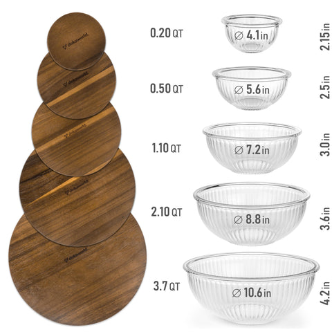 Dokaworld five-size borosilicate glass bowls ideal for versatile food prep.