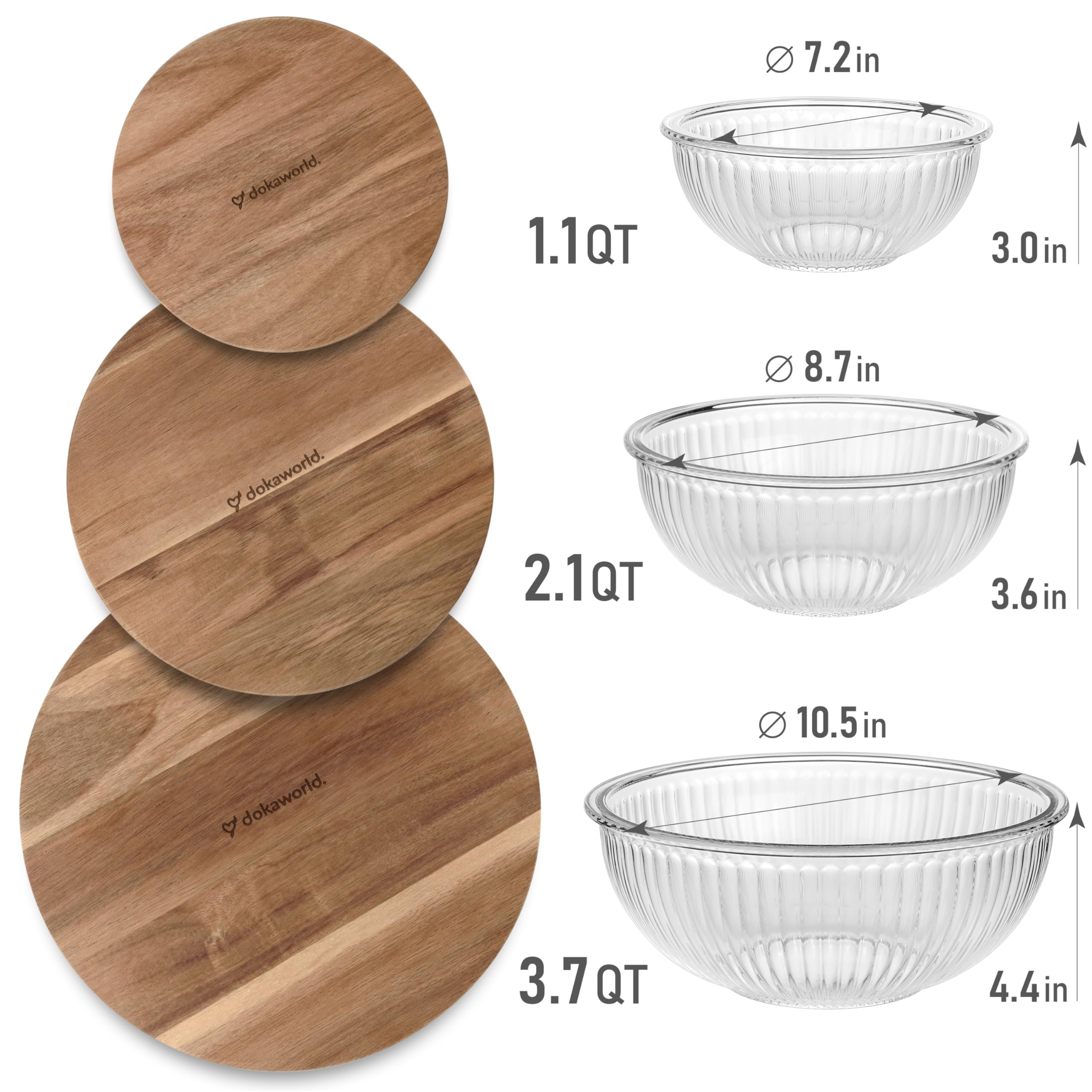 Dokaworld nesting bowls with acacia lids in 2.1 qt ideal for meal prep.