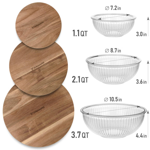 Dokaworld nesting bowls with acacia lids in 2.1 qt ideal for meal prep.