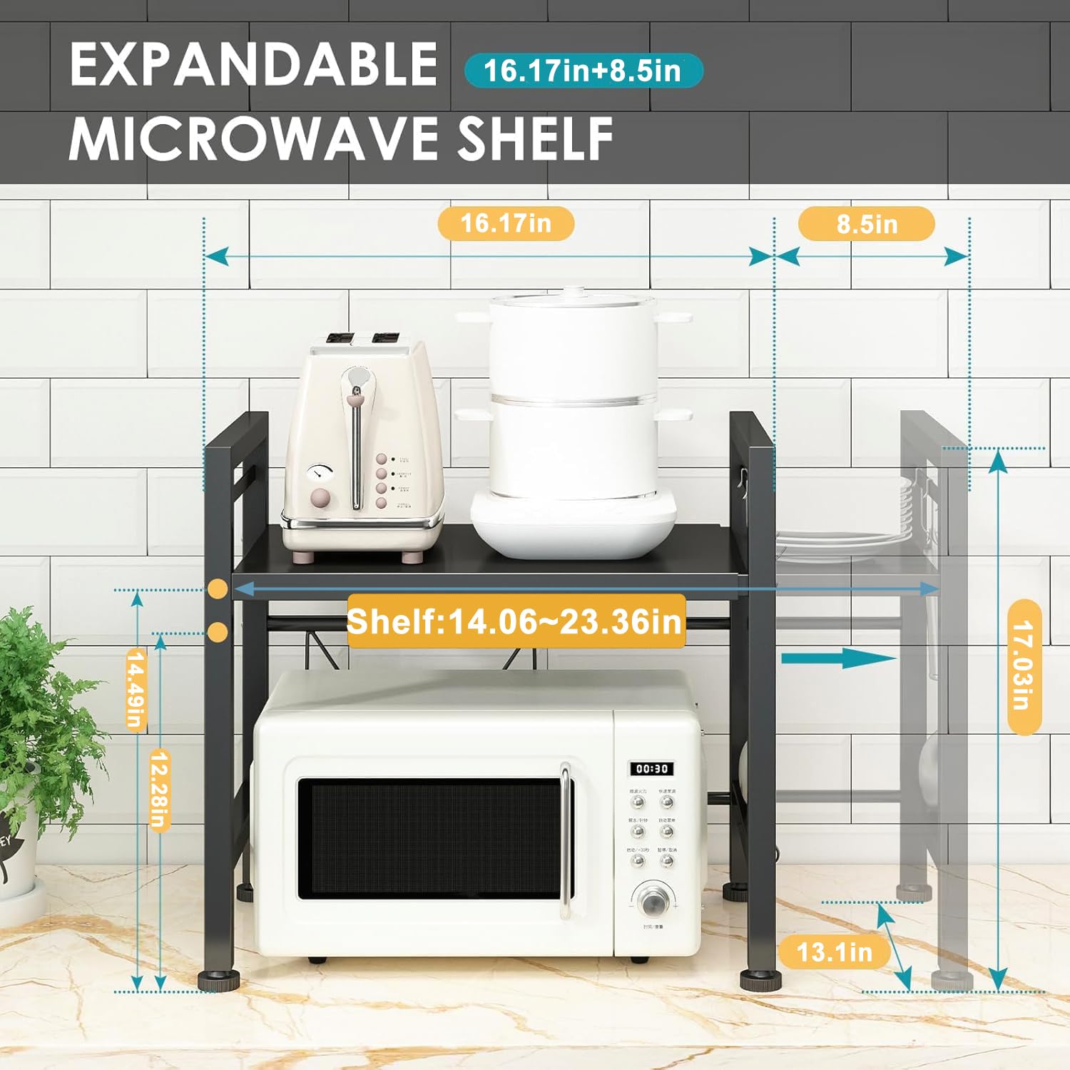 DOLALIKE over-microwave shelf with three hooks keeps utensils within easy reach