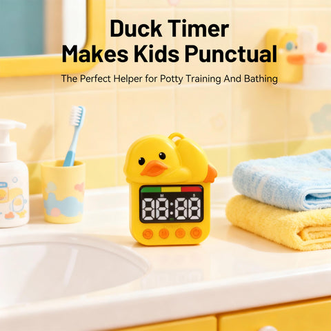 Close-up of Doli Yearning duck shower timer showing cheerful quack design.