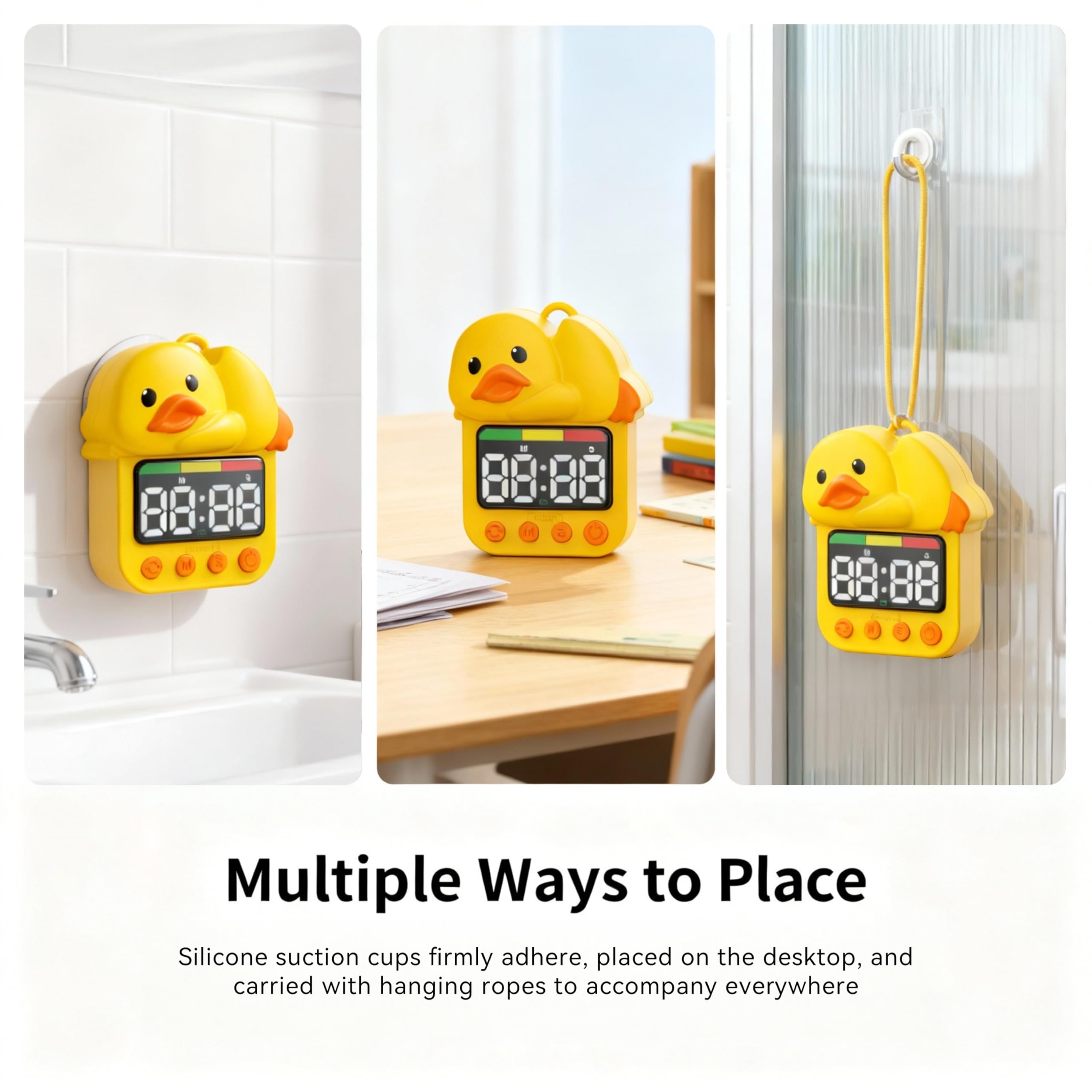 Doli Yearning duck shower timer hanging by rope for versatile placement.