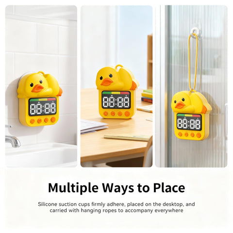 Doli Yearning duck shower timer hanging by rope for versatile placement.