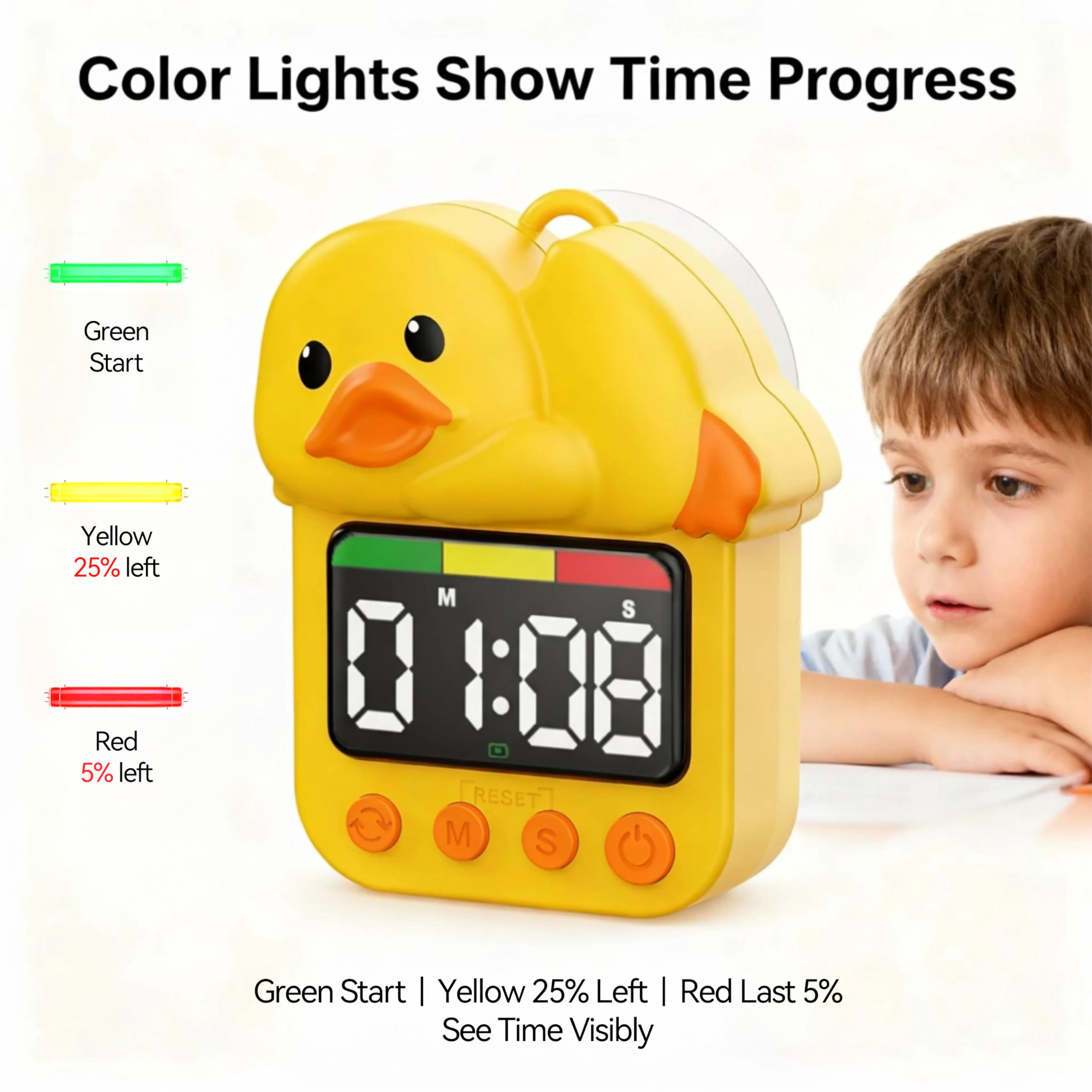 Doli Yearning duck shower timer attached to wall with a suction cup.