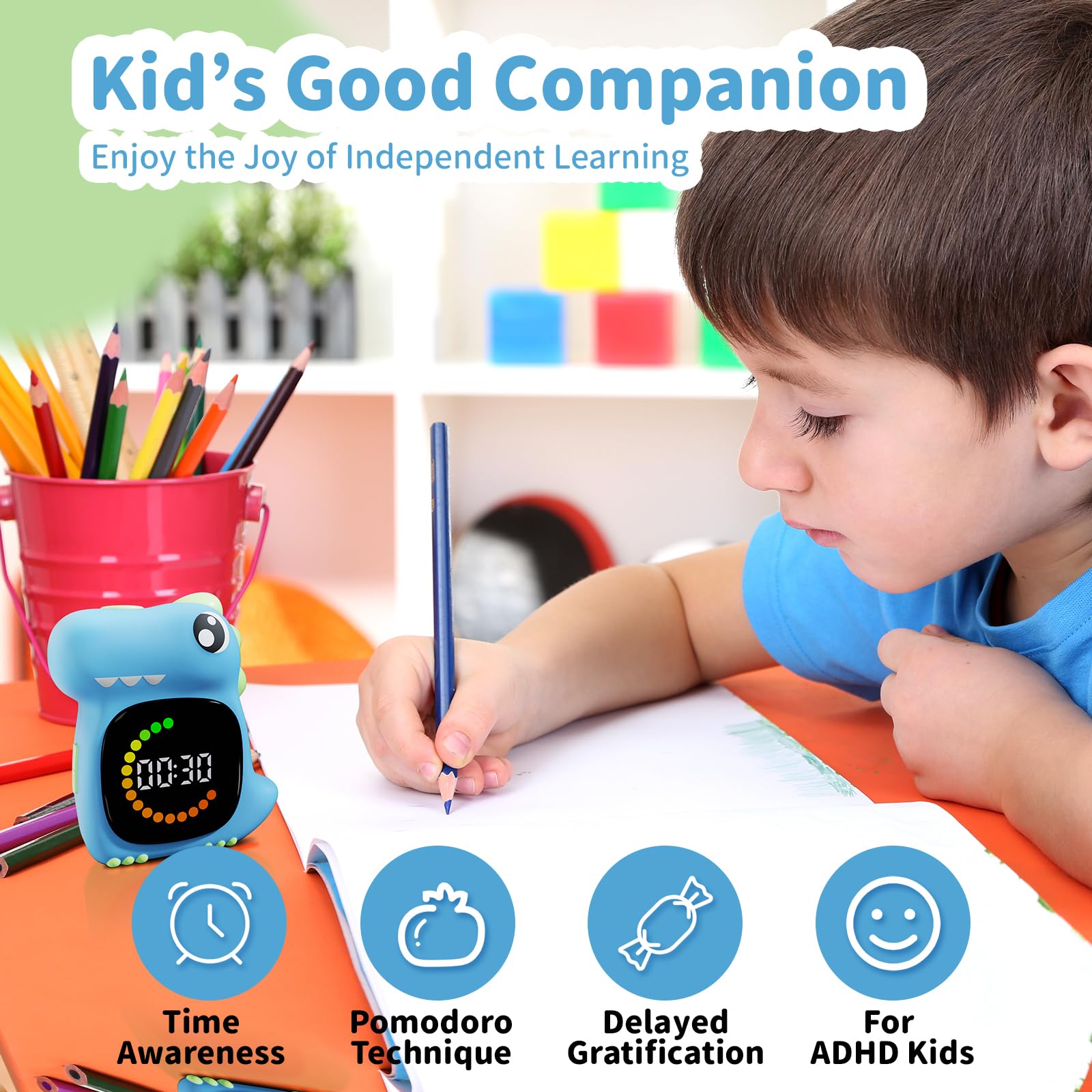 DoliWish light blue dinosaur timer operates silently for calm spaces.
