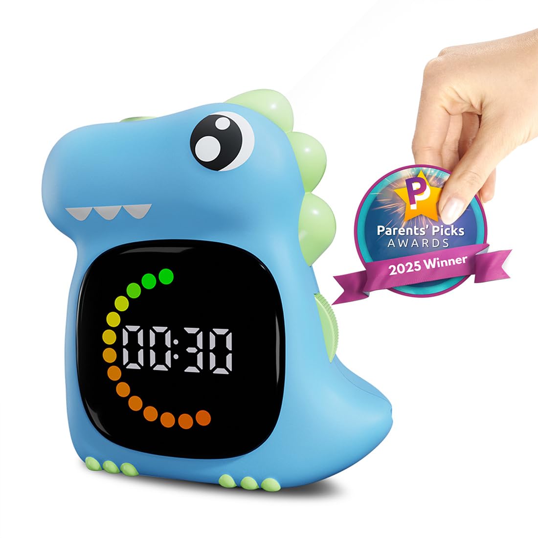 DoliWish light blue dinosaur timer with visual LED countdown - front view.