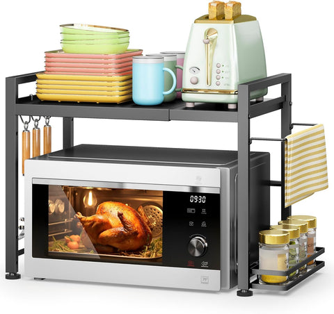 DOLALIKE microwave rack with adjustable width for space-saving setup.