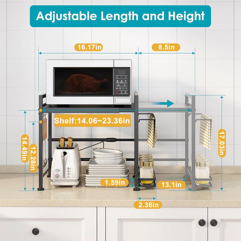 DOLALIKE microwave stand with six hooks provides organized utensil storage.