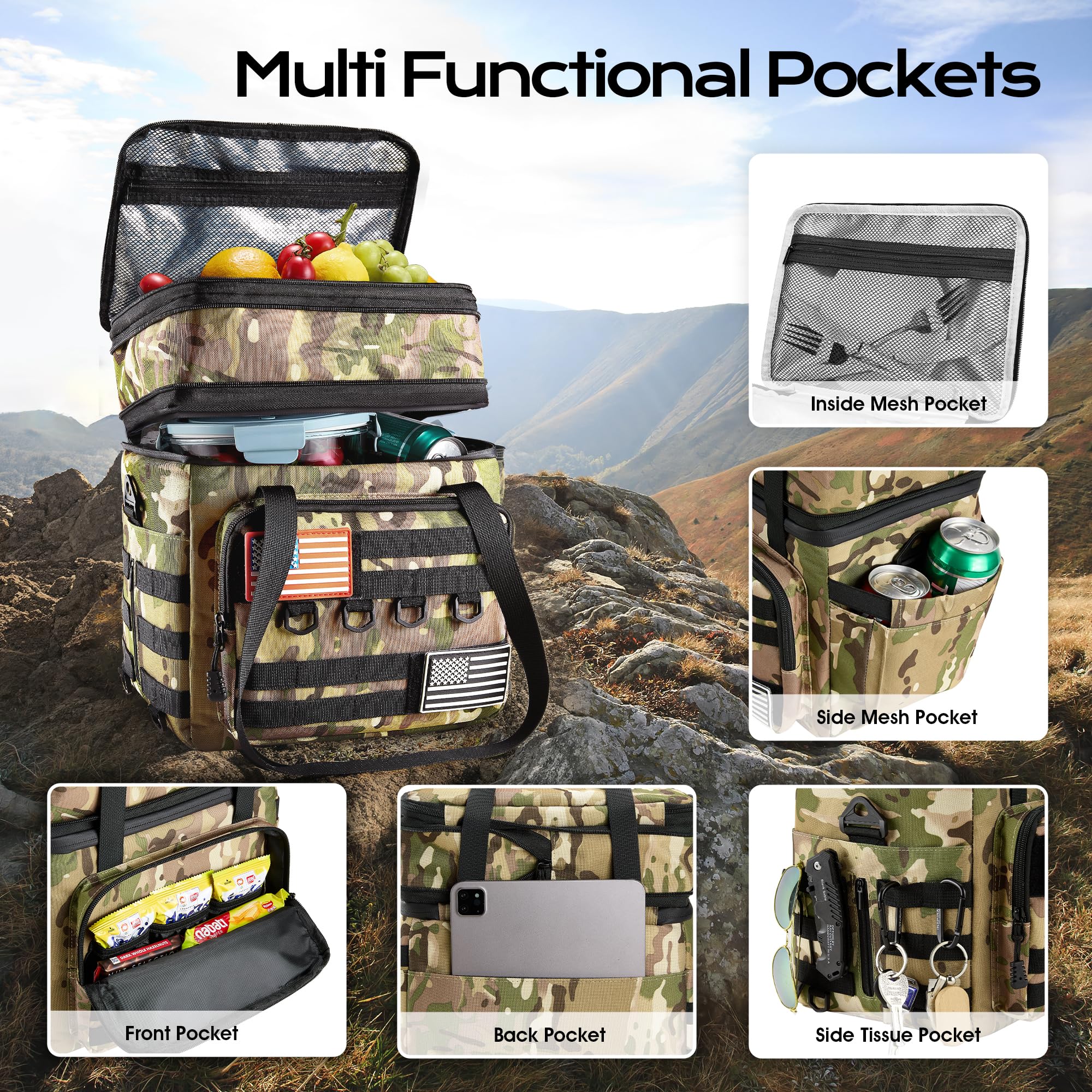 DOLOPL Lunch Box multiple pockets organize utensils, bottles, and personal items.