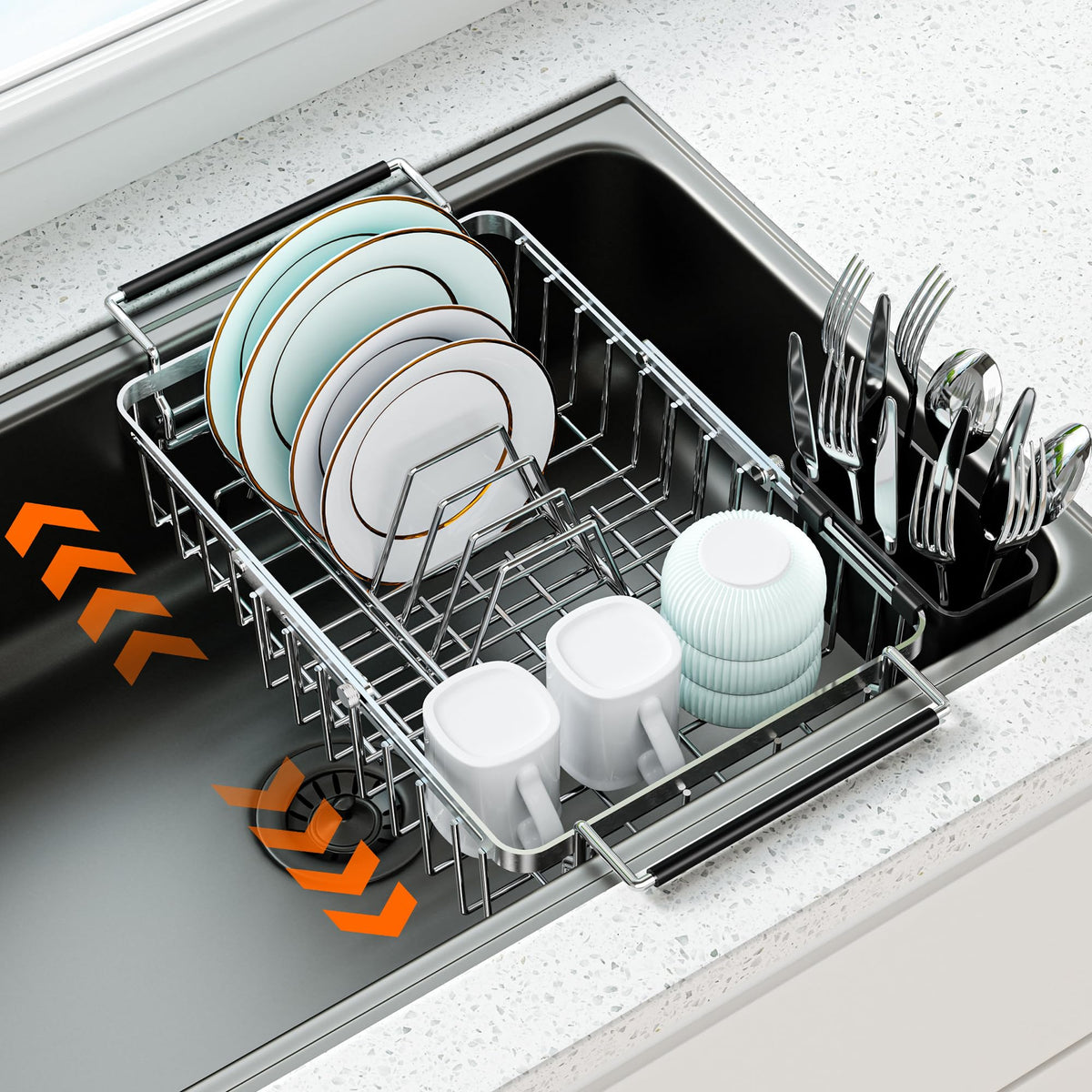 Dolreiik expandable drying rack over the sink in stainless steel saves counter space