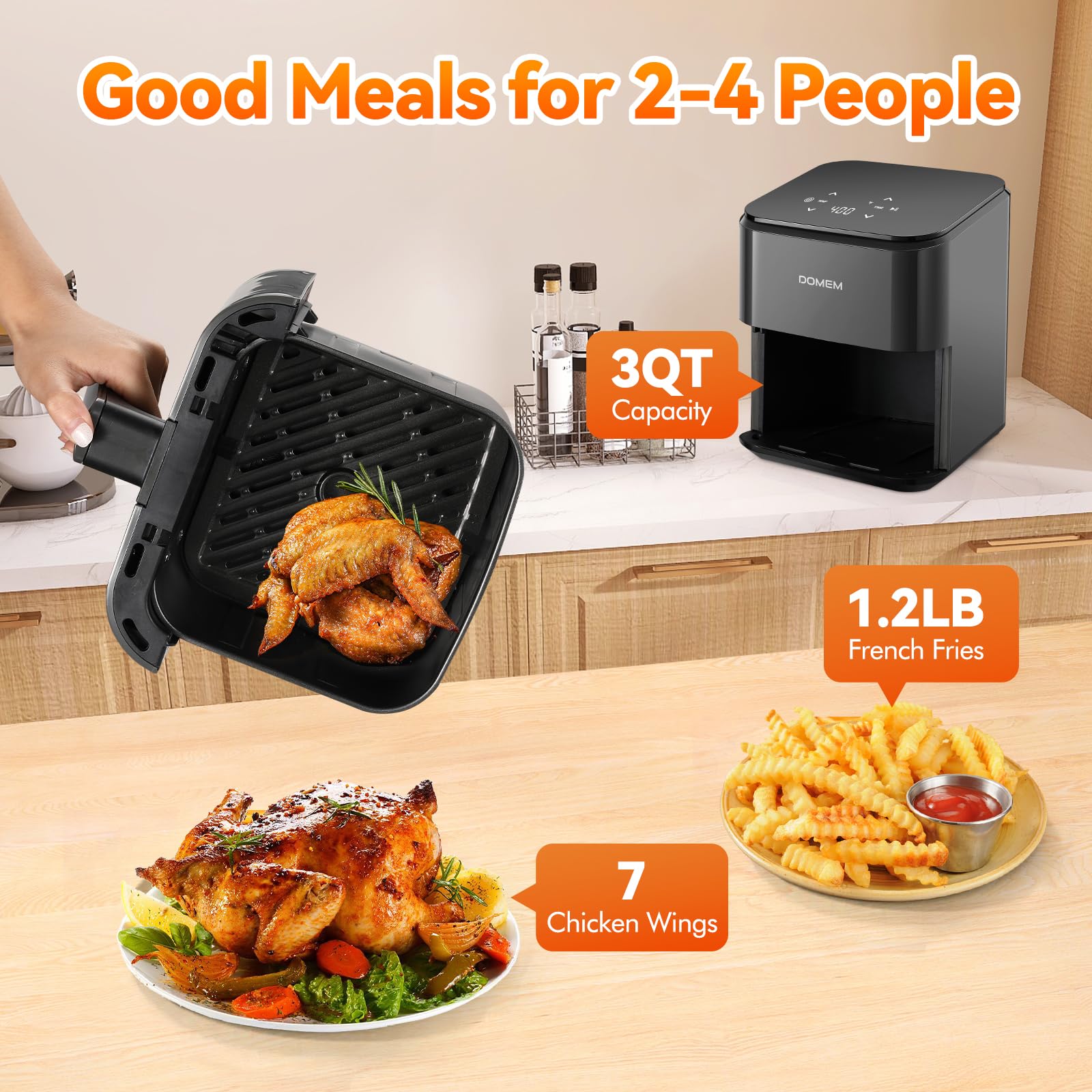 DOMEM 3 Qt rack inside demonstrates versatile placement for even crisping