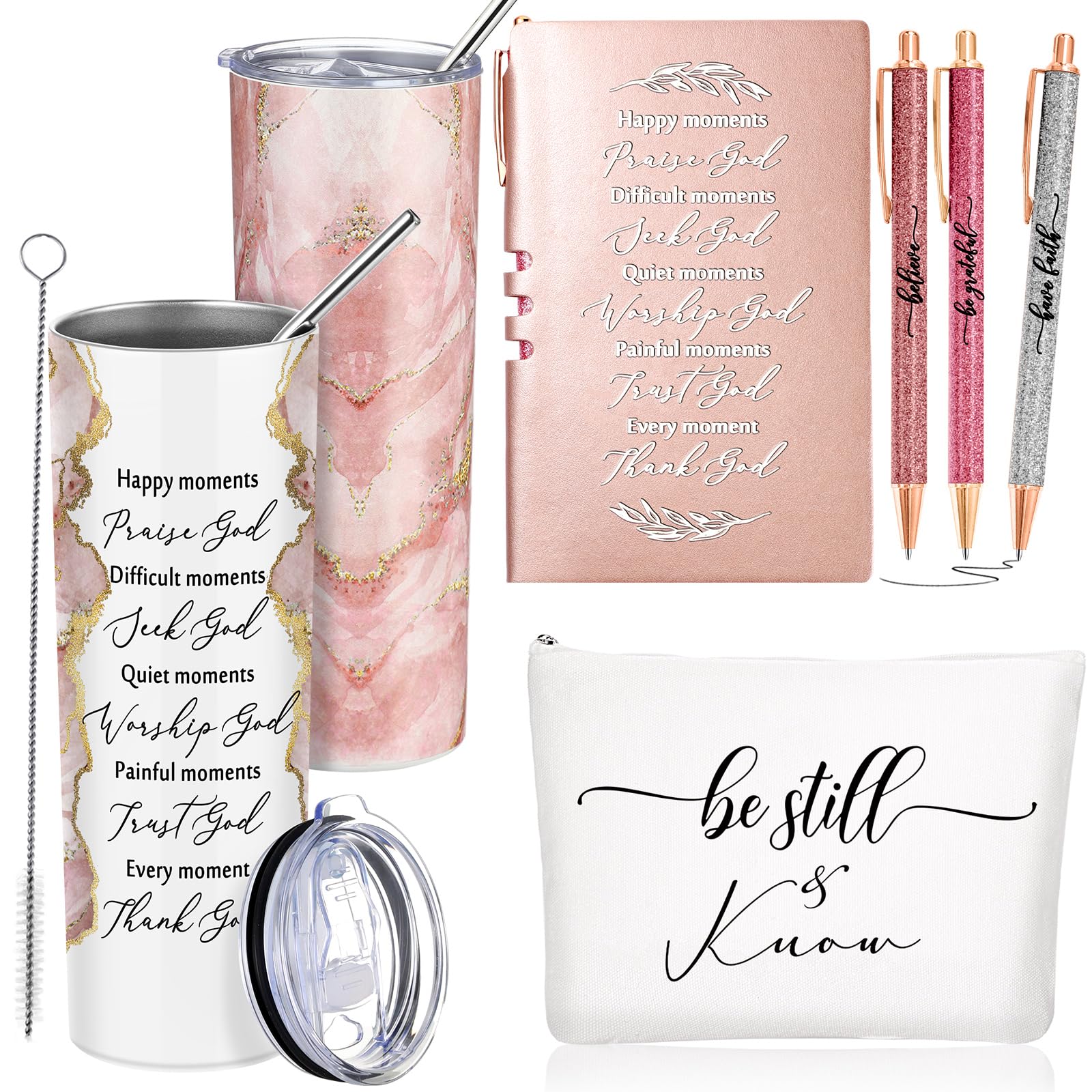 Domensi Bible marble tumbler with straw brush for on-the-go refreshment.
