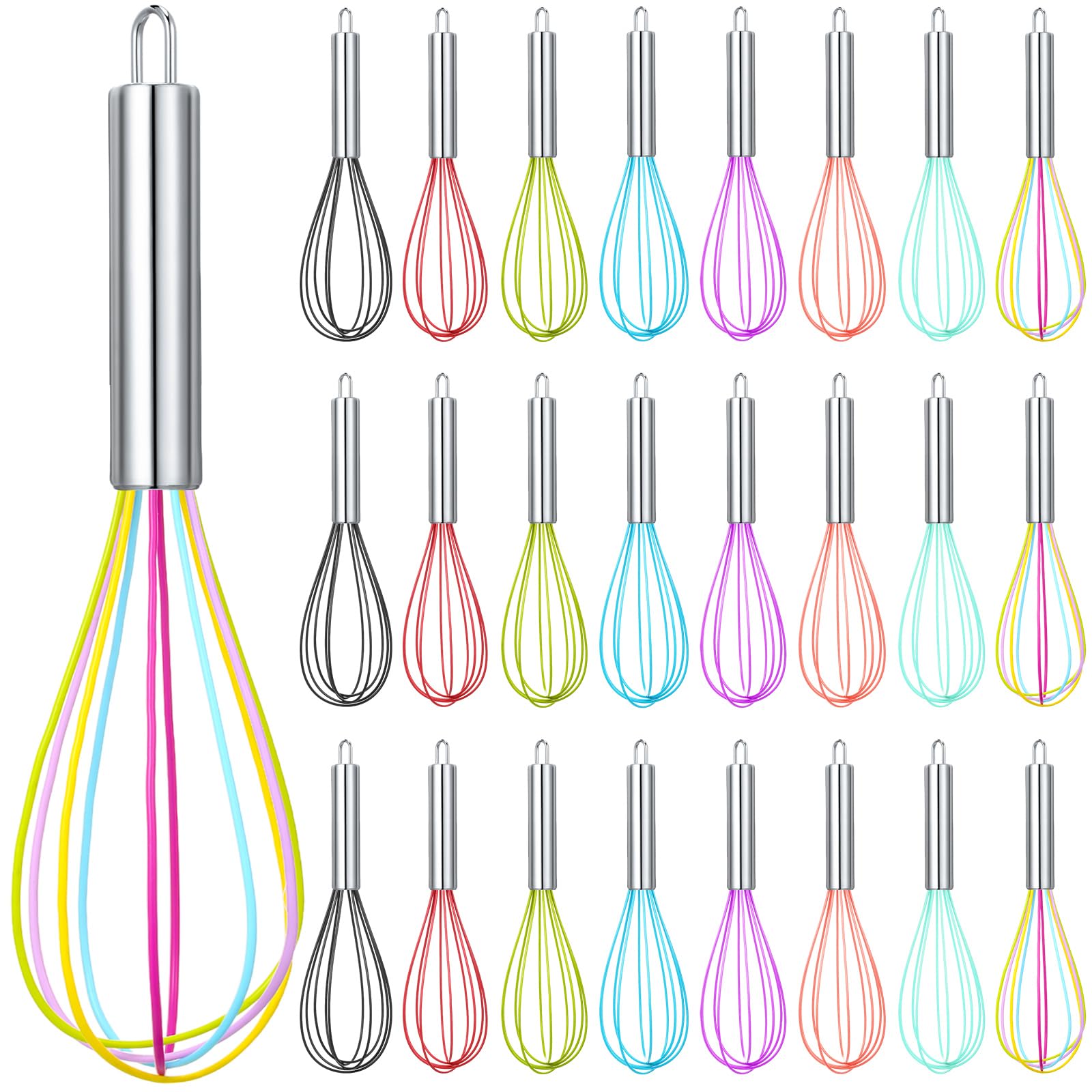 Domensi 8-inch silicone whisk with a colorful handle for easy batter mixing.