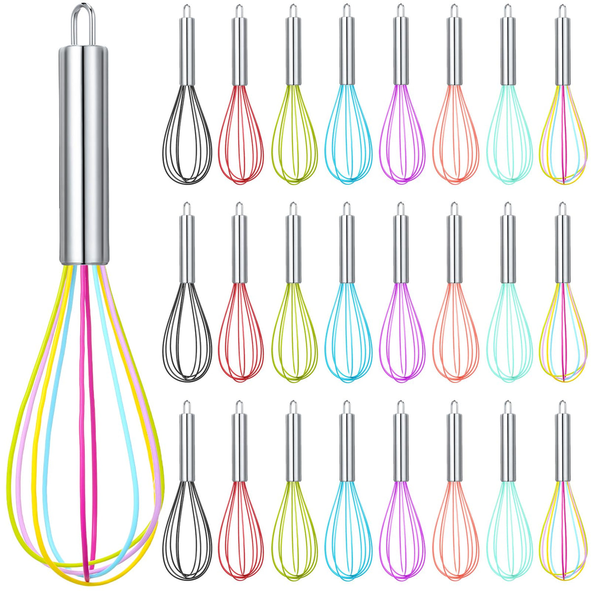Domensi 8-inch silicone whisk with a colorful handle for easy batter mixing.