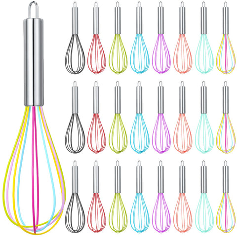 Domensi 8-inch silicone whisk with a colorful handle for easy batter mixing.