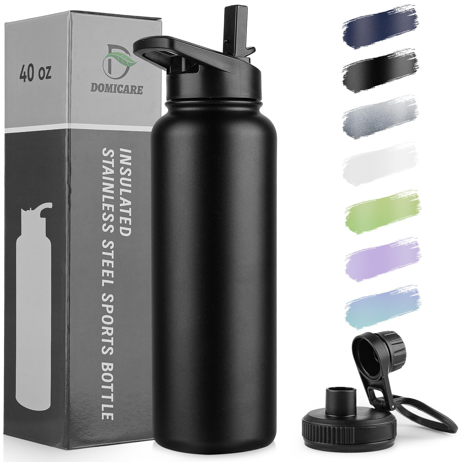 DOMICARE 40 oz insulated bottle with straw lid for on-the-go hydration.