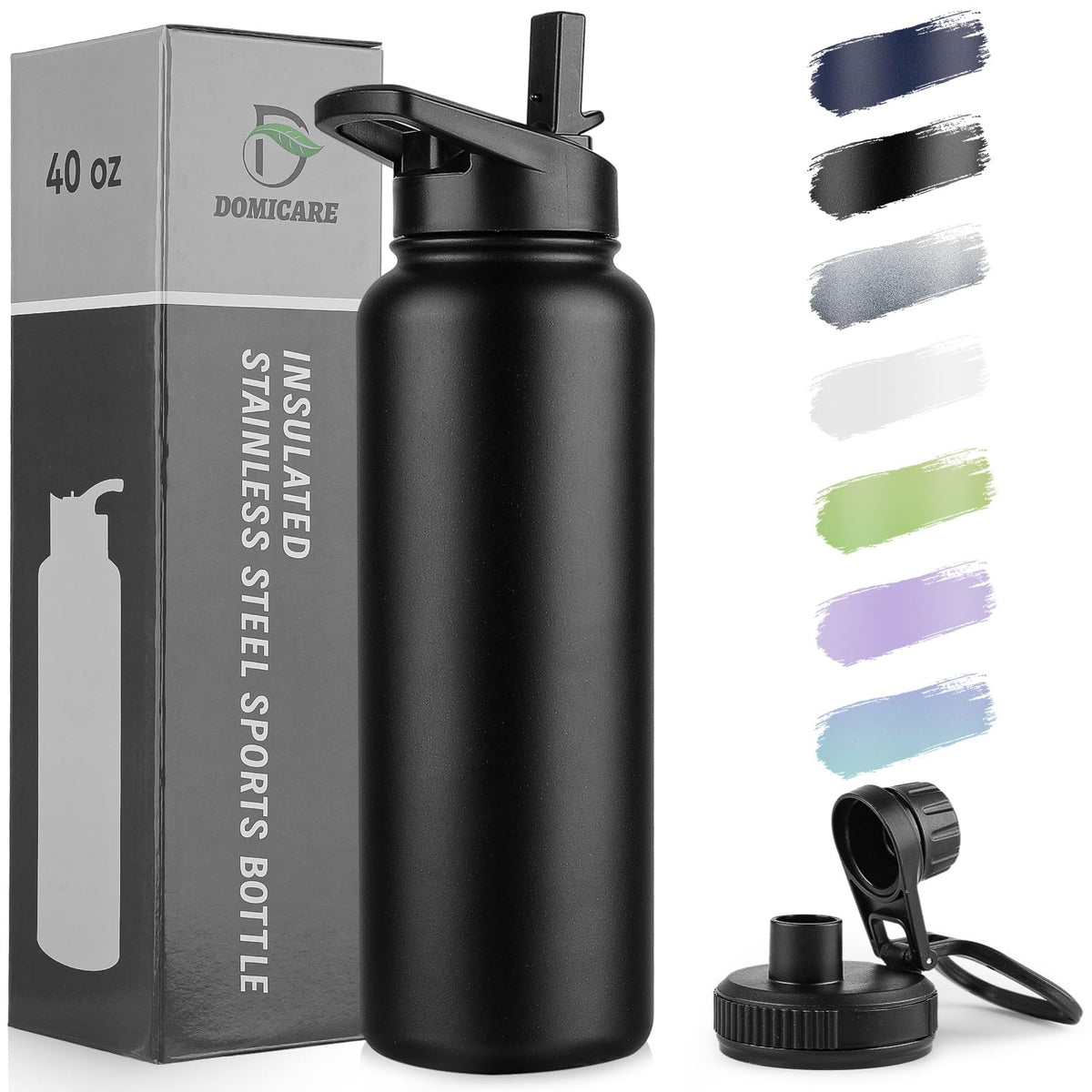 DOMICARE 40 oz insulated bottle with straw lid for on-the-go hydration.
