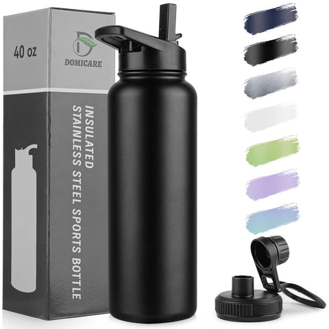 DOMICARE 40 oz insulated bottle with straw lid for on-the-go hydration.