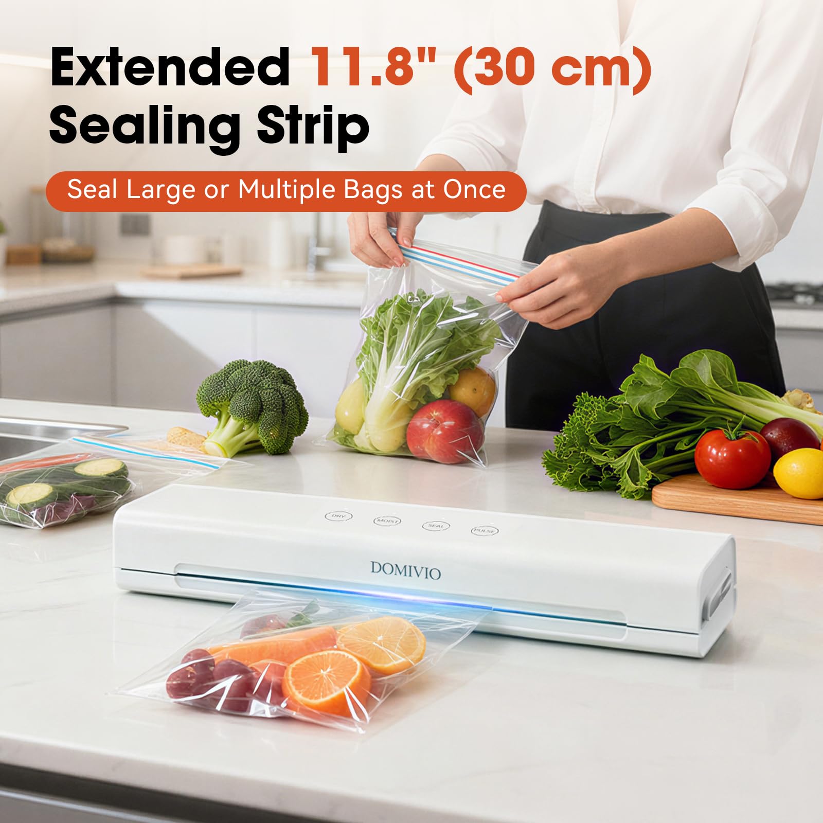 DOMIVIO vacuum sealer demonstrates 4-in-1 functionality for fast dry or wet sealing in daily use.