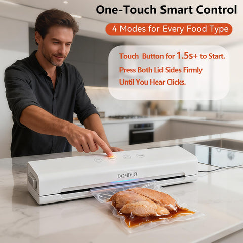 Moist and Dry modes adapt to marinated meats or crunchy snacks for reliable seals with DOMIVIO.