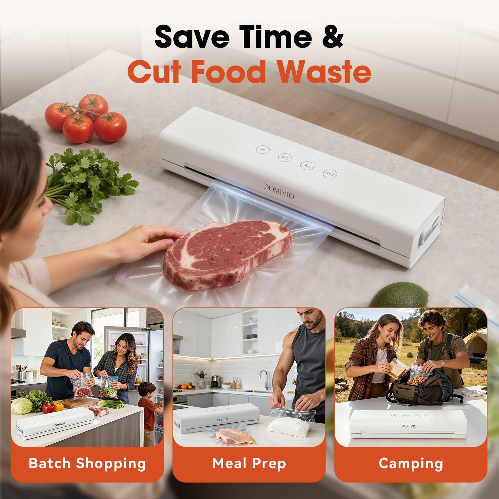 DOMIVIO vacuum sealer in action with food, showing a sealed package ready for freezer storage.