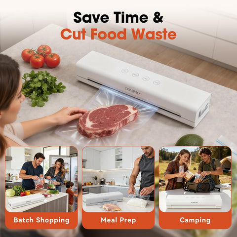 DOMIVIO vacuum sealer in action with food, showing a sealed package ready for freezer storage.