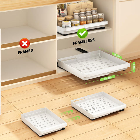 Under-sink setup with DOMNIU pull-out drawer keeps supplies reachable and dry