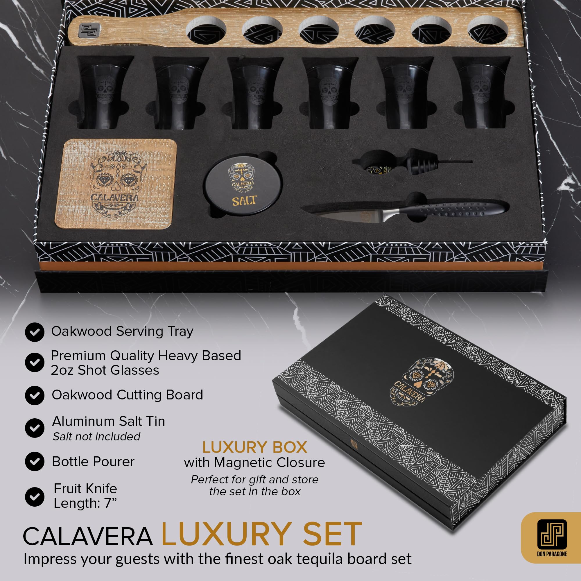 Don Paragone oak tequila tray highlighting durable craftsmanship and grain