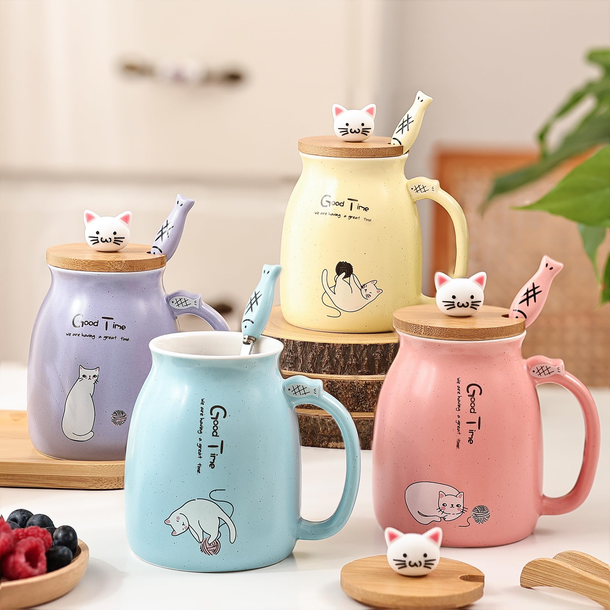 DONGSHANGIFT cat mugs on a kitchen counter ready for daily use
