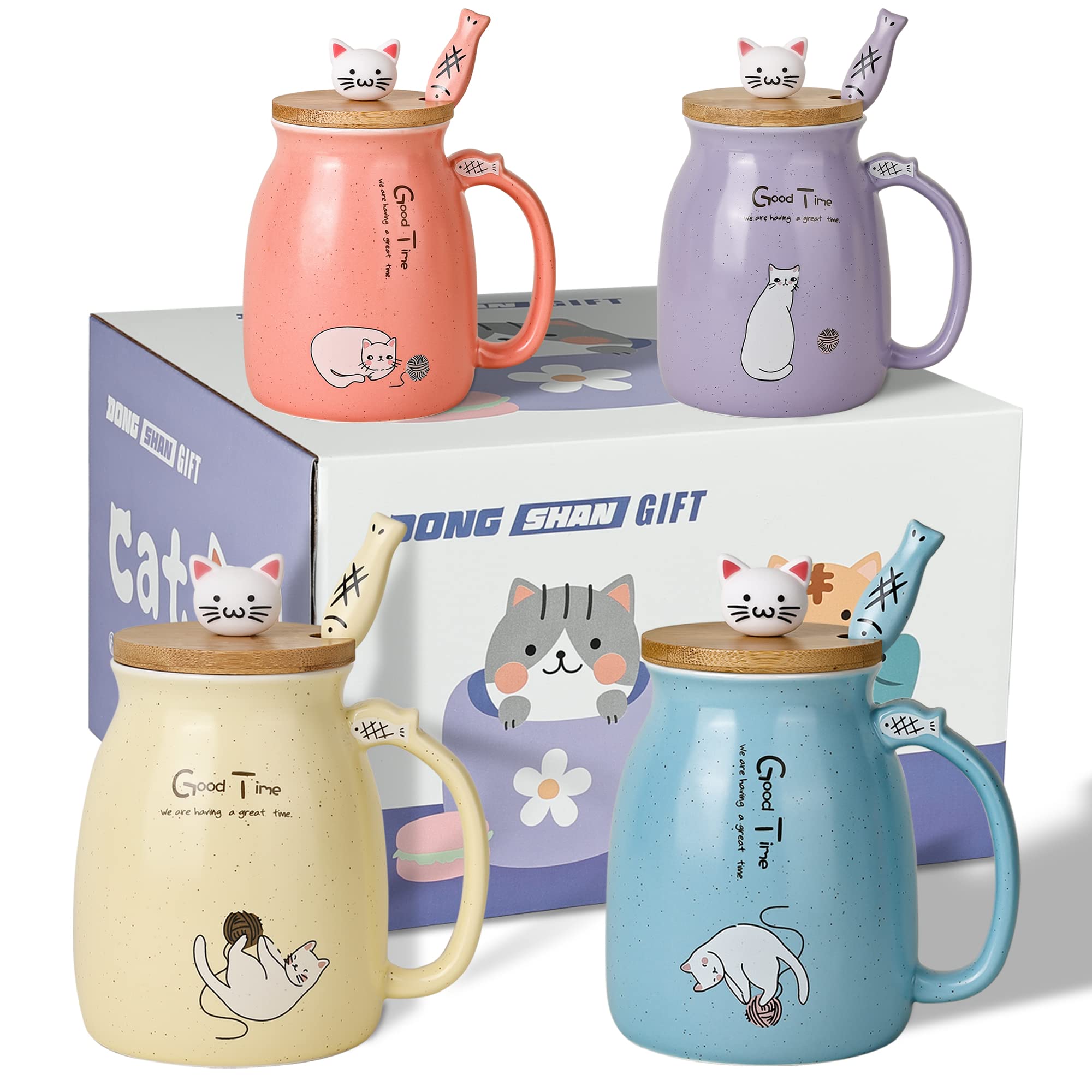 DONGSHANGIFT cute cat mug in blue with lid and fish spoon for cozy mornings