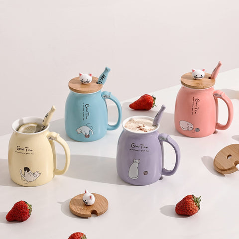 DONGSHANGIFT cute cat mug in pink with lid and fish spoon for tea rituals
