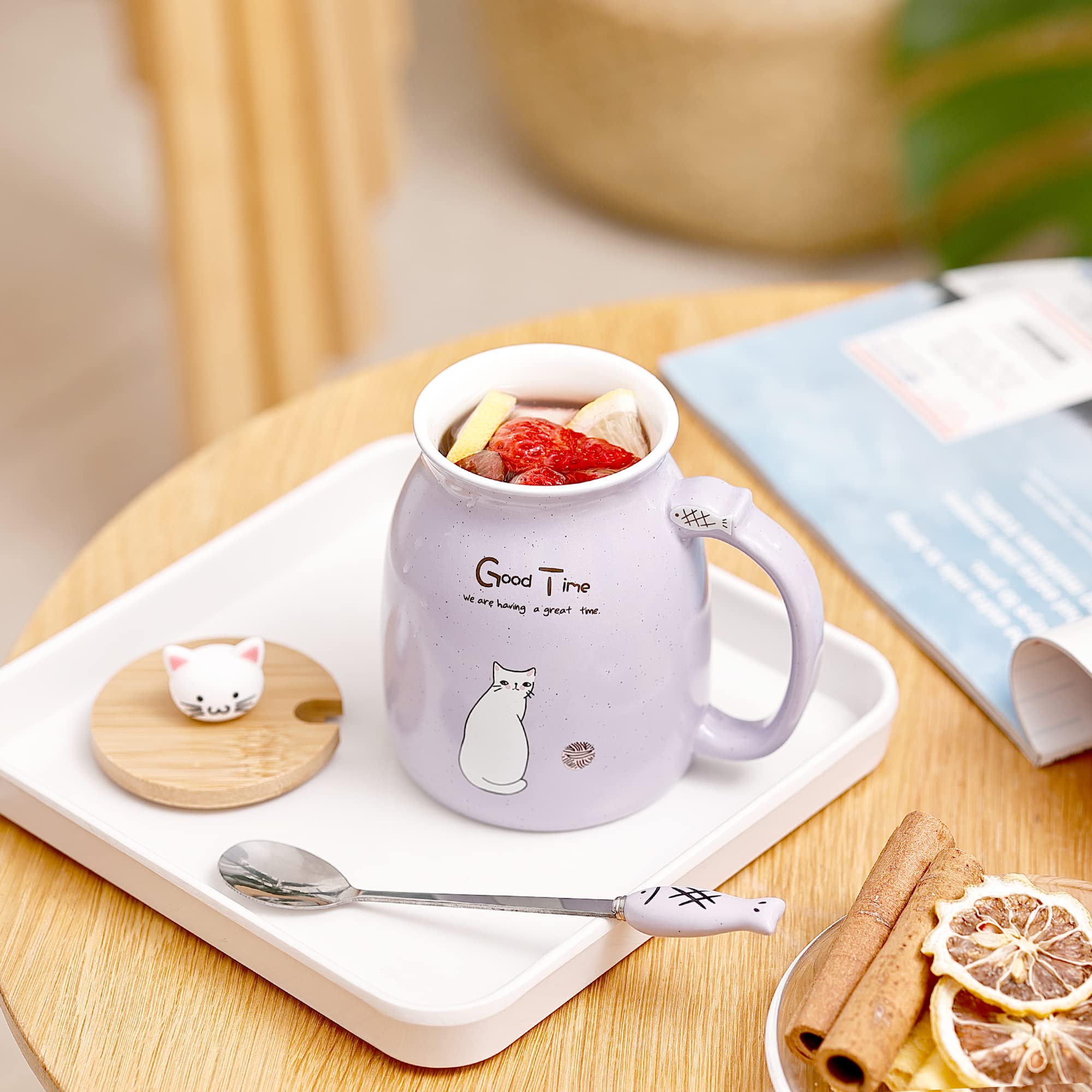 DONGSHANGIFT cute cat mug in yellow with lid and fish spoon for bright moments