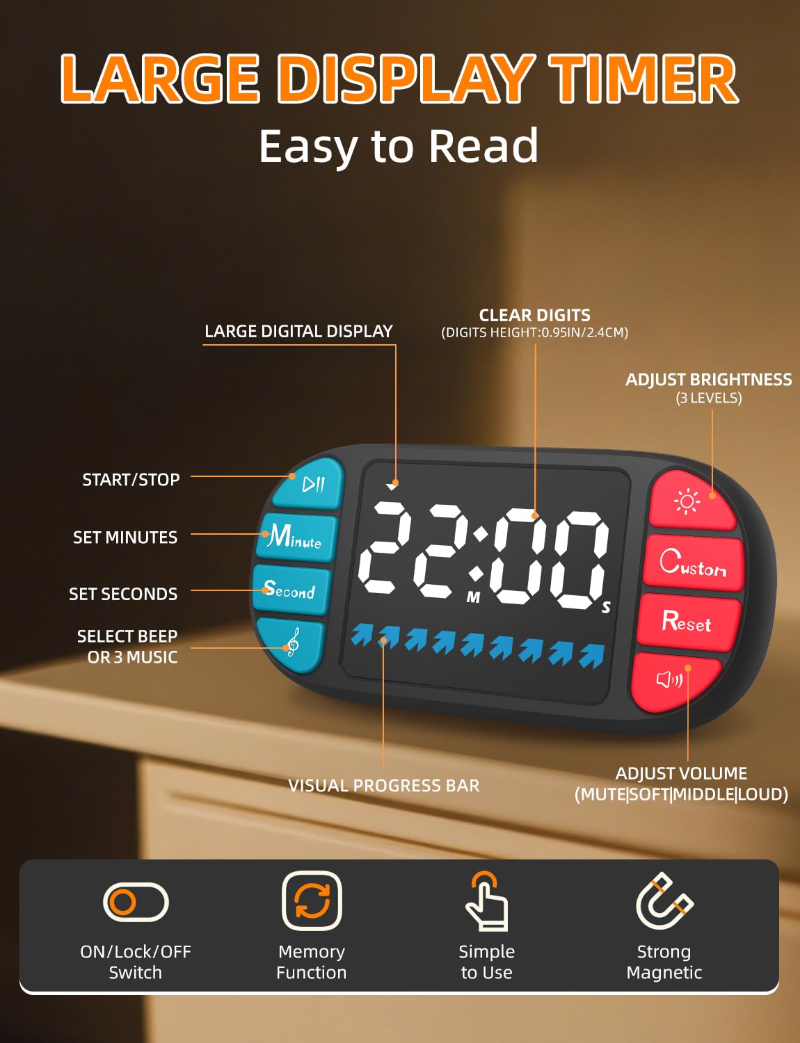 DOOMAY timer with magnetic mount for secure placement on metal surfaces