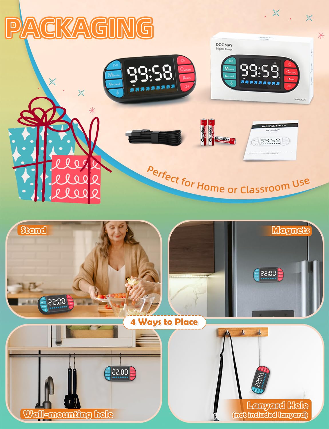 DOOMAY timer dual power options USB C or AAA batteries for reliable use