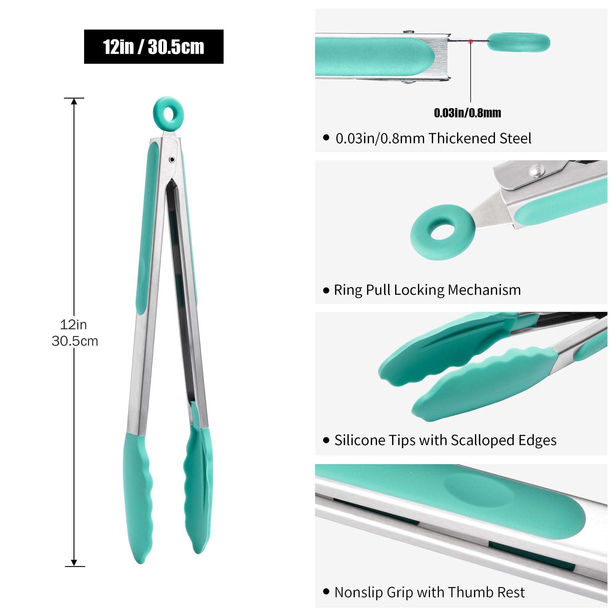 Doosu tongs show non-scratch silicone tips protecting cookware.
