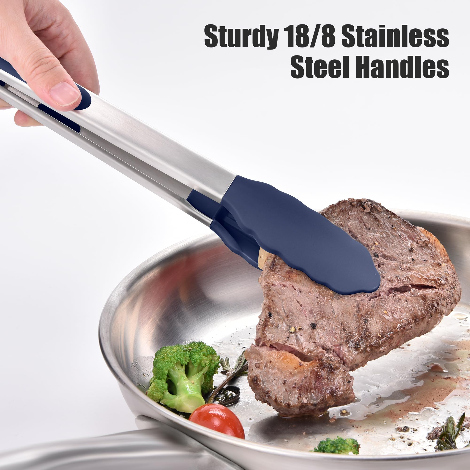Doosu kitchen tongs soft silicone handles provide a comfortable grip.