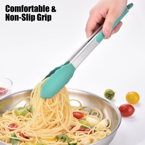 Wide-grip design on Doosu tongs ideal for grilling and turning burgers.