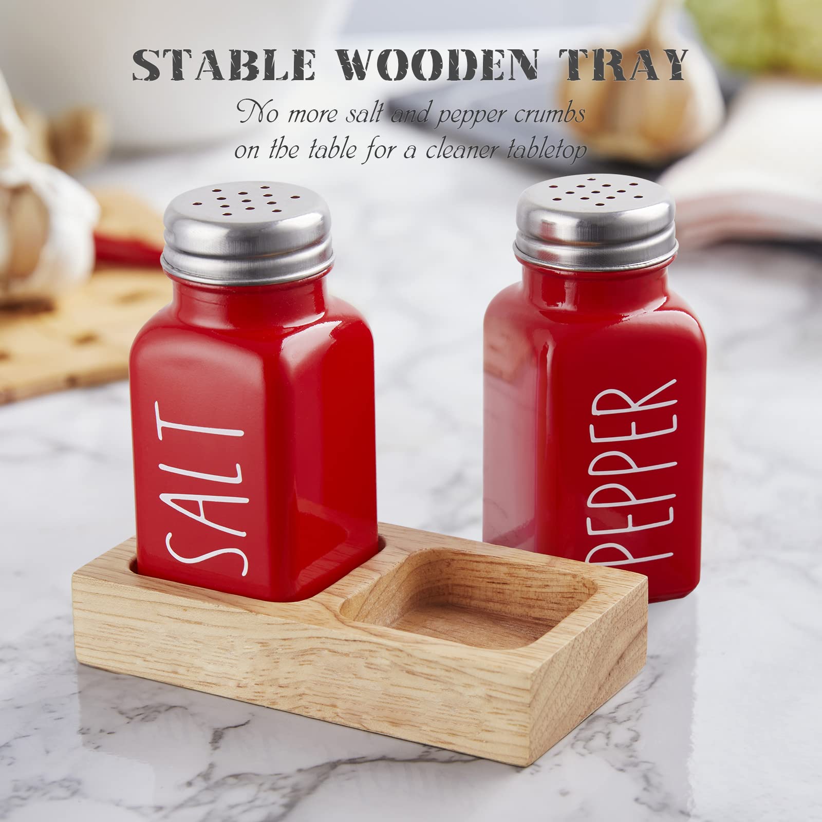 Dopeca red salt and pepper set shown on the counter for easy access.