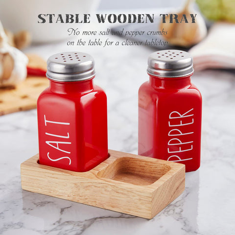 Dopeca red salt and pepper set shown on the counter for easy access.