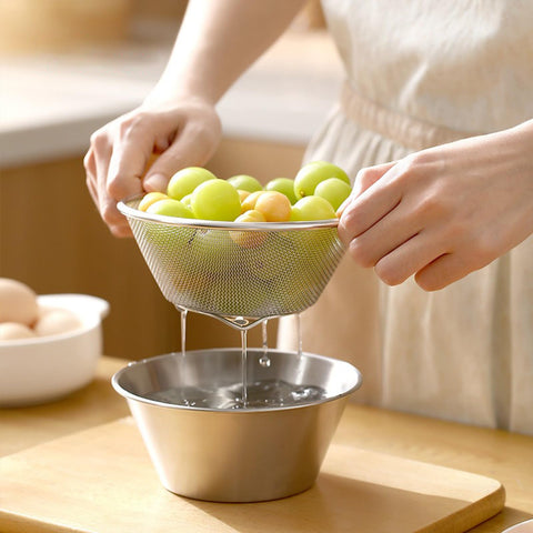 DOPMEP Footed mini strainer bowl enables quick, mess-free draining