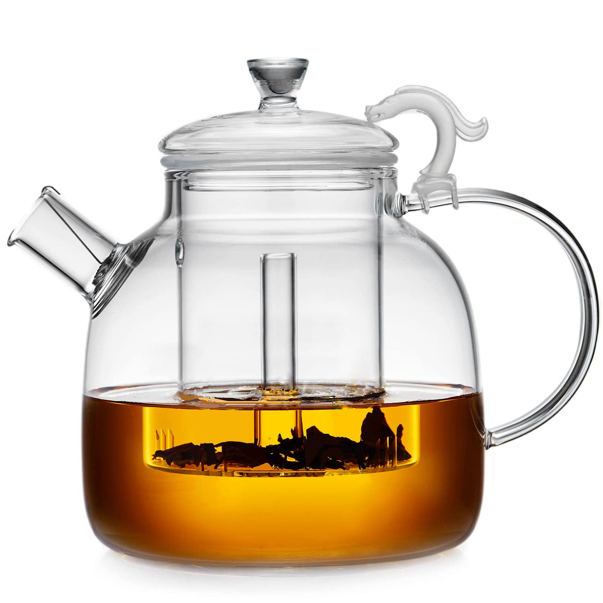 DOPUDO 68oz glass teapot ready for stove-top brewing with loose leaf tea.
